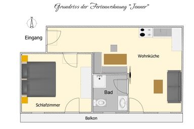 Ferienwohnungen Schwöblehen - Ferienwohnung Jenner 48 qm, für 2 Personen, Balkon, 1 Schlafzimmer